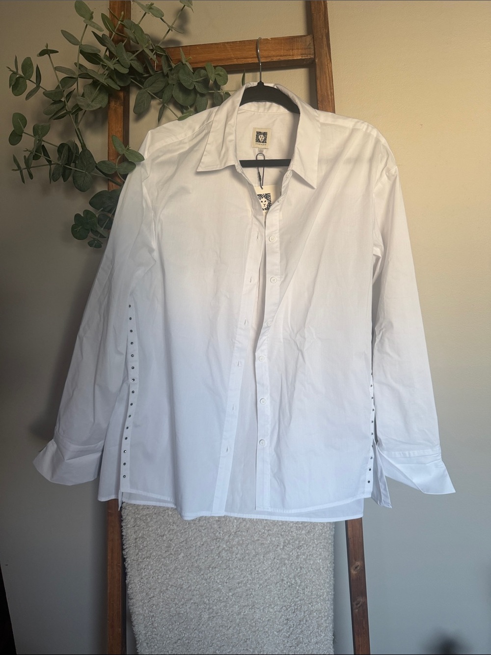 Anne Klein White Button-Down Shirt with Side Rhinestone Detail